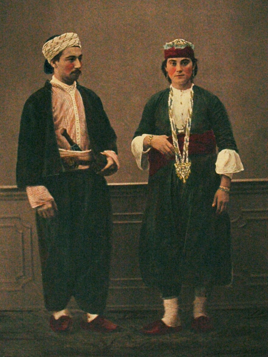 In 1800, when the tapestry cap was made, Aleppo was a major textile center, dotted with workshops where silk was woven and crafted. This 1873 photograph shows a Muslim man and woman from the region.